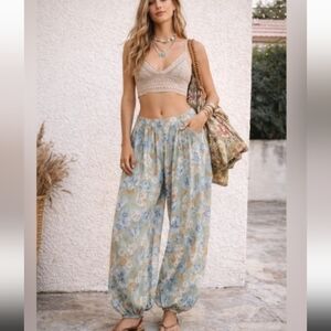 Boho Floral Wide-Leg Balloon Flowy Elastic Hem Lightweight Pants Sage Blue New